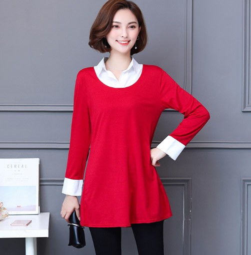 レディース　カットソー　Tシャツ　Uネック　長袖　ロング丈　トップス　カジュアル　キュート　大人　可愛い　フェミニン　おしゃれ　お出かけ　デイリー　ブラック　ネイビー　レッド　赤　黒　紺色　M　Ｌ　XL　2XL　3XL　4XL　5XL　大きいサイズ　送料無料