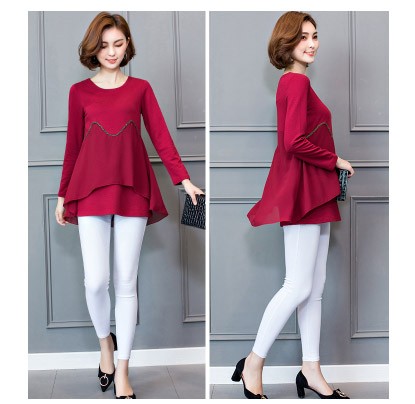 レディース　シフォン　カットソー　ブラウス　Tシャツ　ラウンドネック　長袖　ロング丈　トップス　カジュアル　キュート　大人　可愛い　フェミニン　おしゃれ　お出かけ　デイリー　レッド　ブラック　赤色　黒　M　Ｌ　XL　2XL　3XL　4XL　5XL　大きいサイズ　送料無料