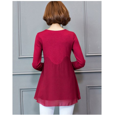 レディース　シフォン　カットソー　ブラウス　Tシャツ　ラウンドネック　長袖　ロング丈　トップス　カジュアル　キュート　大人　可愛い　フェミニン　おしゃれ　お出かけ　デイリー　レッド　ブラック　赤色　黒　M　Ｌ　XL　2XL　3XL　4XL　5XL　大きいサイズ　送料無料