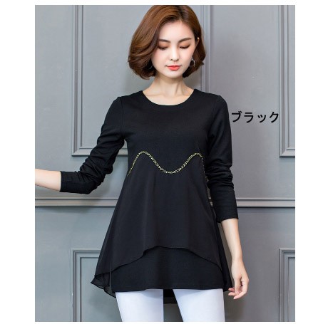 レディース　シフォン　カットソー　ブラウス　Tシャツ　ラウンドネック　長袖　ロング丈　トップス　カジュアル　キュート　大人　可愛い　フェミニン　おしゃれ　お出かけ　デイリー　レッド　ブラック　赤色　黒　M　Ｌ　XL　2XL　3XL　4XL　5XL　大きいサイズ　送料無料