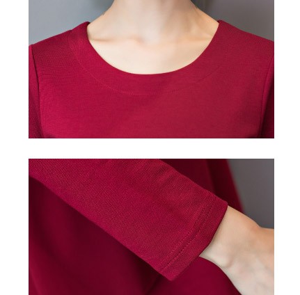 レディース　シフォン　カットソー　ブラウス　Tシャツ　ラウンドネック　長袖　ロング丈　トップス　カジュアル　キュート　大人　可愛い　フェミニン　おしゃれ　お出かけ　デイリー　レッド　ブラック　赤色　黒　M　Ｌ　XL　2XL　3XL　4XL　5XL　大きいサイズ　送料無料