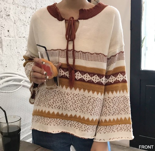 レディース　ニット　セーター　フレアスリーブ　ボーダー　長袖　ゆったり　トップス　カジュアル　キュート　大人　可愛い　フェミニン　おしゃれ　お出かけ　デイリー　ホワイト　ブラウン　白　茶色　フリーサイズ　ワンサイズ　送料無料