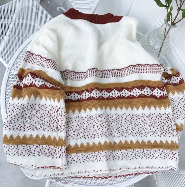 レディース　ニット　セーター　フレアスリーブ　ボーダー　長袖　ゆったり　トップス　カジュアル　キュート　大人　可愛い　フェミニン　おしゃれ　お出かけ　デイリー　ホワイト　ブラウン　白　茶色　フリーサイズ　ワンサイズ　送料無料