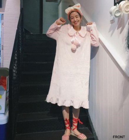 レディース　部屋着　ルームウェア　長袖　ワンピース　リボン　秋　冬　ゆったり　リラックス　ナイトウェア　パジャマ　寝間着　フェミニン　可愛い　キュート　ピンク　フリーサイズ　ワンサイズ　送料無料