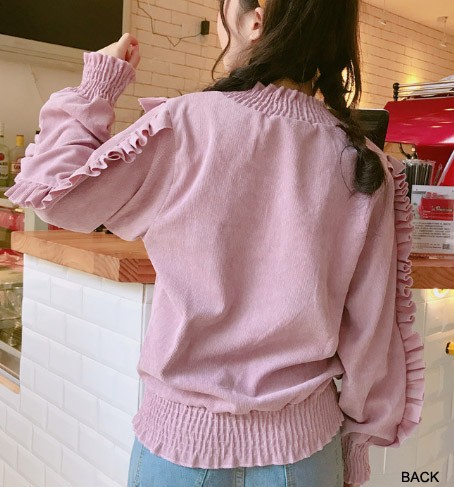 レディース　コーデュロイ　シャツ　ブラウス　フリル　トップス　カジュアル　キュート　大人　可愛い　フェミニン　セクシー　おしゃれ　お出かけ　デイリー　イエロー　ピンク　ホワイト　黄色　白　フリーサイズ　ワンサイズ　送料無料