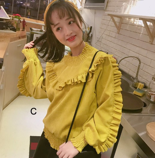 レディース　コーデュロイ　シャツ　ブラウス　フリル　トップス　カジュアル　キュート　大人　可愛い　フェミニン　セクシー　おしゃれ　お出かけ　デイリー　イエロー　ピンク　ホワイト　黄色　白　フリーサイズ　ワンサイズ　送料無料