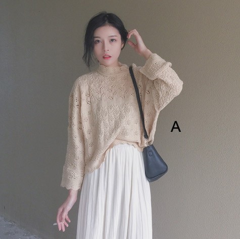 レディース　ニット　セーター　透かし編み　レース編み　長袖　ゆったり　トップス　カジュアル　キュート　大人　可愛い　フェミニン　おしゃれ　お出かけ　デイリー　ベージュ　ブラウン　フリーサイズ　ワンサイズ　送料無料