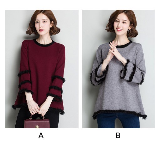 レディース　ニット　セーター　フリンジ　七分袖　ロングスリーブ　秋　冬　トップス　カジュアル　キュート　大人　可愛い　フェミニン　セクシー　おしゃれ　お出かけ　デイリー　グレー　ワインレッド　M　L　サイズ　送料無料