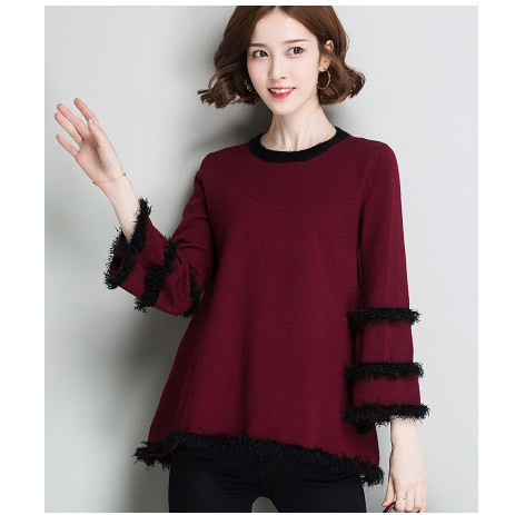 レディース　ニット　セーター　フリンジ　七分袖　ロングスリーブ　秋　冬　トップス　カジュアル　キュート　大人　可愛い　フェミニン　セクシー　おしゃれ　お出かけ　デイリー　グレー　ワインレッド　M　L　サイズ　送料無料