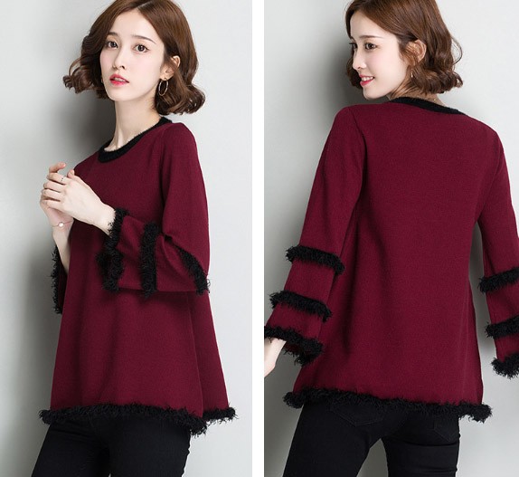 レディース　ニット　セーター　フリンジ　七分袖　ロングスリーブ　秋　冬　トップス　カジュアル　キュート　大人　可愛い　フェミニン　セクシー　おしゃれ　お出かけ　デイリー　グレー　ワインレッド　M　L　サイズ　送料無料