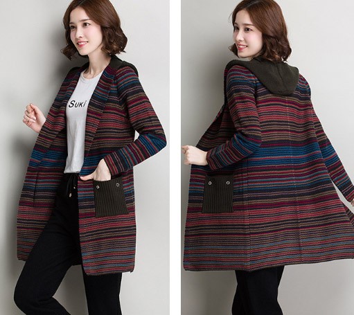 レディース　ニット　セーター　フード付き　ボーダー　ジャケット　コート　秋　冬　アウター　カジュアル　長袖　キュート　大人　可愛い　フェミニン　きれいめ　エレガント　おしゃれ　お出かけ　お呼ばれ　デイリー　フリーサイズ　ワンサイズ　送料無料