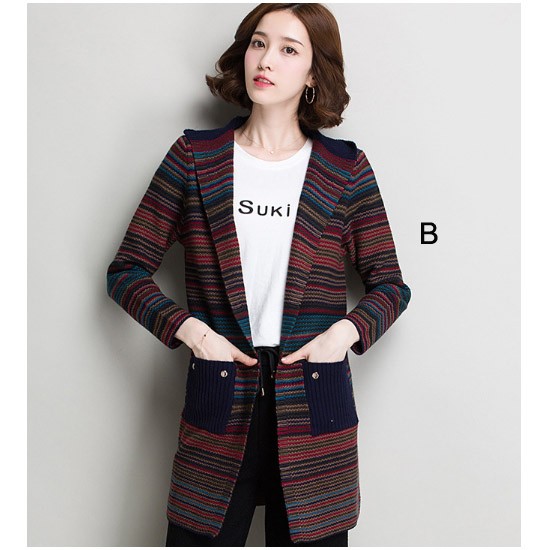 レディース　ニット　セーター　フード付き　ボーダー　ジャケット　コート　秋　冬　アウター　カジュアル　長袖　キュート　大人　可愛い　フェミニン　きれいめ　エレガント　おしゃれ　お出かけ　お呼ばれ　デイリー　フリーサイズ　ワンサイズ　送料無料