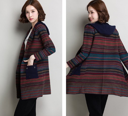 レディース　ニット　セーター　フード付き　ボーダー　ジャケット　コート　秋　冬　アウター　カジュアル　長袖　キュート　大人　可愛い　フェミニン　きれいめ　エレガント　おしゃれ　お出かけ　お呼ばれ　デイリー　フリーサイズ　ワンサイズ　送料無料
