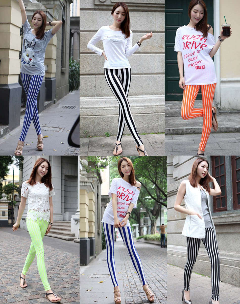 パンツ　レディース ボトムス 　スパッツ　レギンス　春　ストライプ　カラーパンツ