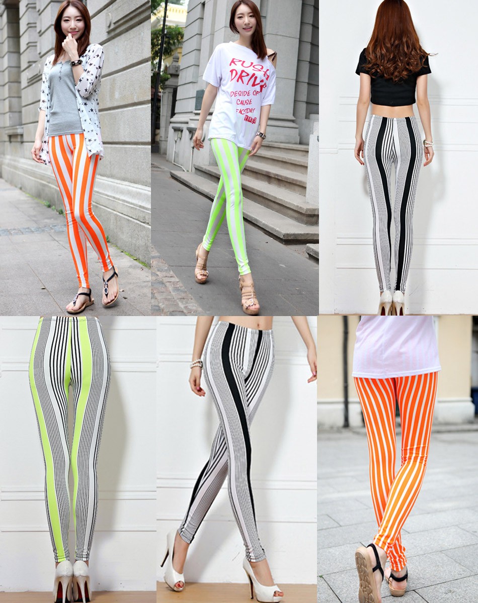 パンツ　レディース ボトムス 　スパッツ　レギンス　春　ストライプ　カラーパンツ