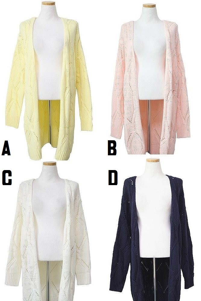 レディース　トップス　カーディガン　パステルカラー　ロング　冷房対策　春　夏　フリーサイズ　かぎ編み　透け感　羽織物　送料無料