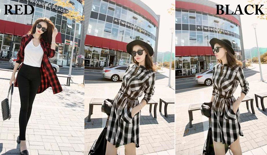 レディース　シャツ　ロングシャツ　トレンド　定番　チェック　ワンピース　レッド　ホワイト　送料無料