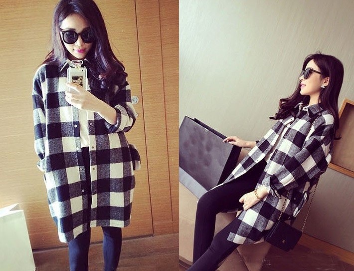 レディース　トップス　シャツ ロングチェックシャツ　トレンド　人気　アウター　ブロックチェック　ブラック　送料無料
