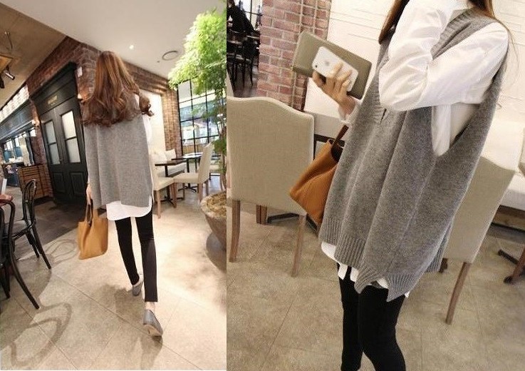 レディース　ベスト　トップス　秋　冬　トレンド　人気　グレー　Ｖネック　ゆったり　カジュアル　シンプル　ロング　送料無料