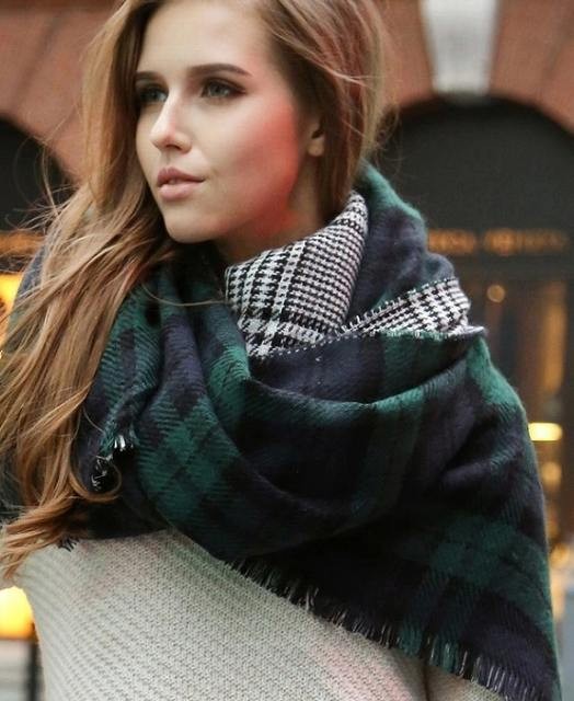 レディース　ストール　大判ストール　チェック　グレンチェック　リバーシブル　レッド　グリーン　送料無料