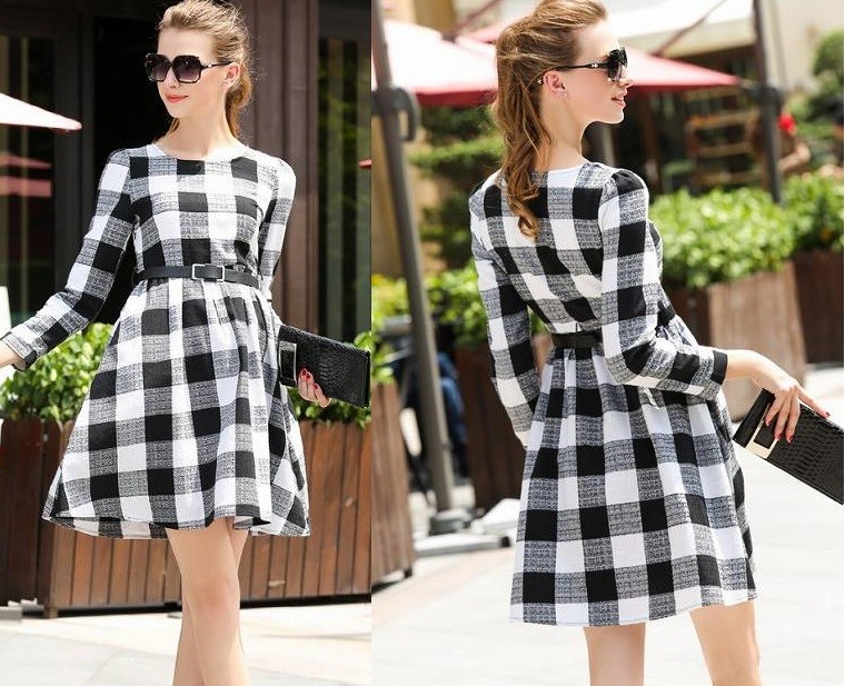 レディース　ワンピース　スカート　長袖　お出かけ　可愛い　チェック　ブロックチェック　ブラック　ホワイト　送料無料