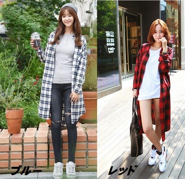 レディース　シャツ　チェック　ロングシャツ　ワンピース　トレンド　人気　レッド　ブルー　送料無料