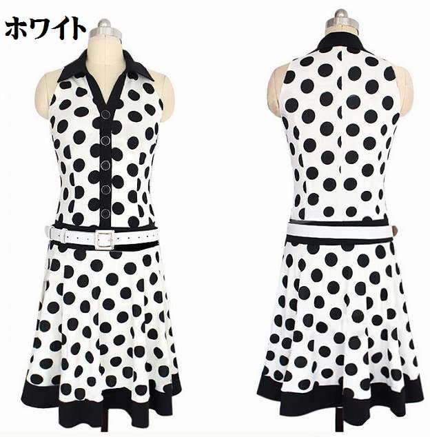 レディース　ワンピース　スカート　ドット　ホワイト　ブラック　膝丈　大人可愛い　デート　ノースリーブ　送料無料