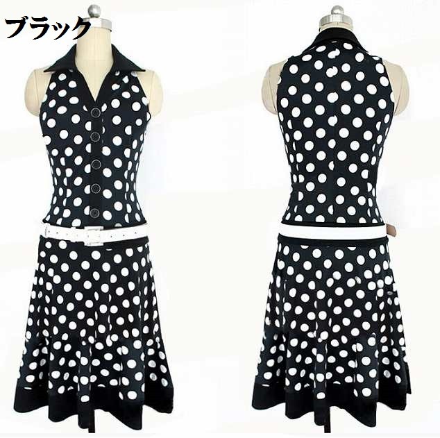 レディース　ワンピース　スカート　ドット　ホワイト　ブラック　膝丈　大人可愛い　デート　ノースリーブ　送料無料