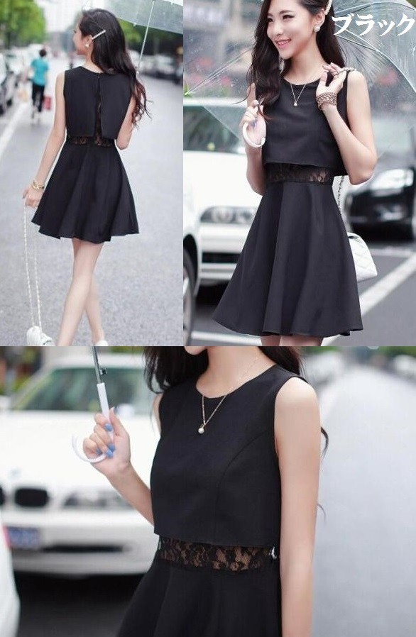 レディース　ワンピース　スカート　ミニ　ノースリーブ　レース　異素材　結婚式　二次会　お呼ばれ　謝恩会　白　黒　送料無料