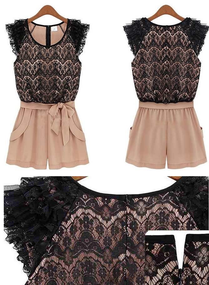レディース　オールインワン　ロンパース　ショートパンツ　ノースリーブ　レース　大人可愛い　春　夏　送料無料