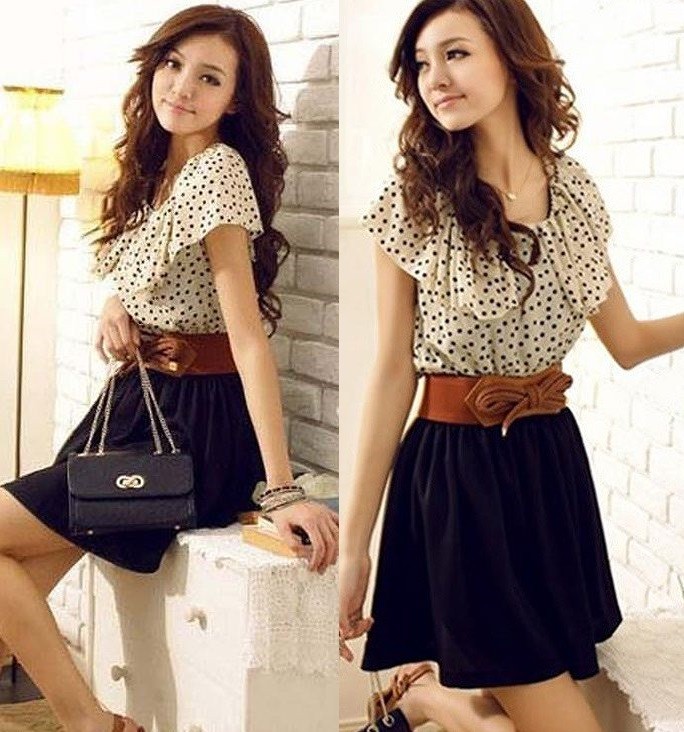 レディース　ワンピース　スカート　半袖　ドット　ミニ　デート　お出かけ　ベルト付き　バックリボン　ブラック　送料無料