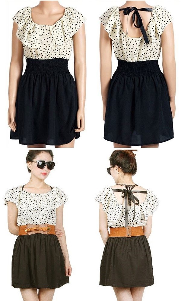 レディース　ワンピース　スカート　半袖　ドット　ミニ　デート　お出かけ　ベルト付き　バックリボン　ブラック　送料無料