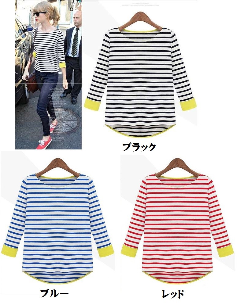 レディース　トップス　Ｔシャツ　カットソー　定番　ボーダー　半袖　七分丈　カジュアル　春　夏　ブラック　レッド　ブルー　大きいサイズ　送料無料