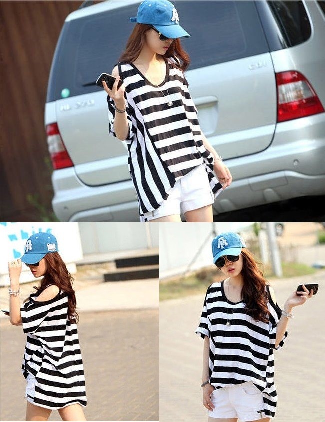 レディース　トップス　Ｔシャツ　ロング　ボーダー　人気　カジュアル　肩出し　半袖　春　夏　ブラック　ブルー　送料無料