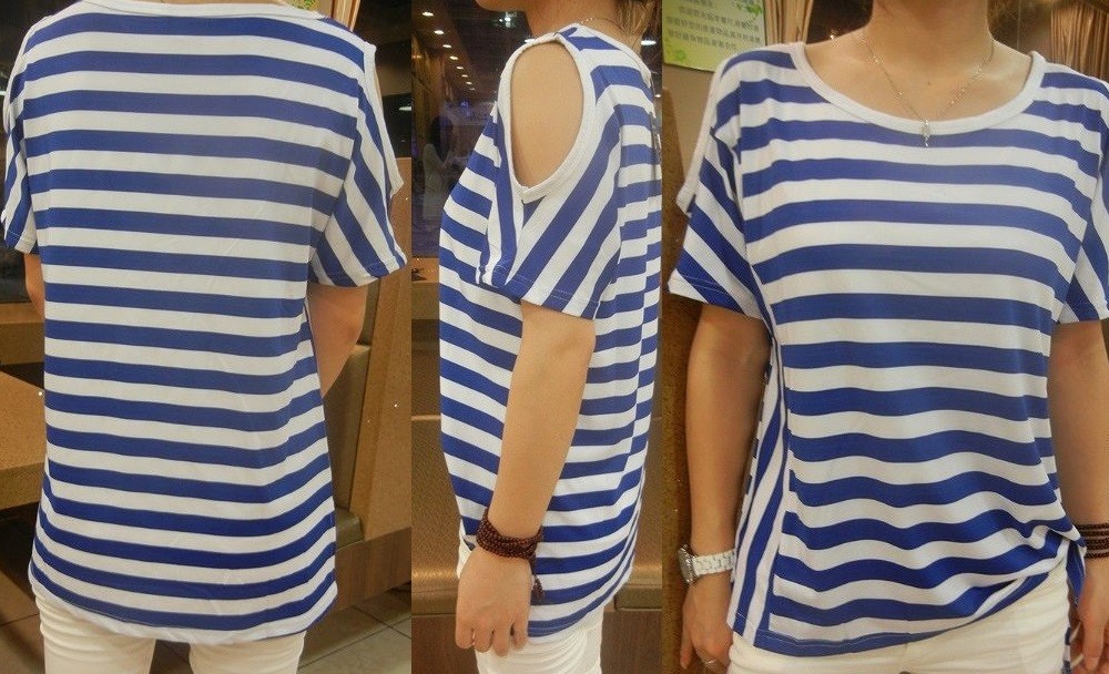 レディース　トップス　Ｔシャツ　ロング　ボーダー　人気　カジュアル　肩出し　半袖　春　夏　ブラック　ブルー　送料無料