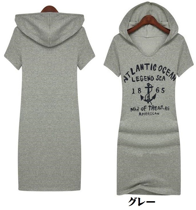 レディース　ワンピース 　スカート　膝丈　半袖　カジュアル　春　夏　フード　スウェット　ロゴ　大きいサイズ　ネイビー　グレー　送料無料