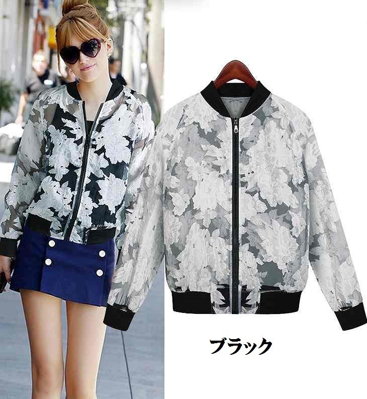 レディース　アウター　ジャンパー　シースルー　花柄　春　クール　可愛い　大きいサイズ　サイズ豊富　ブラック　ホワイト　送料無料