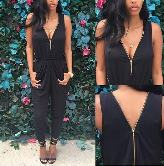 レディース オールインワン　サロペット　パンツ　Ｖネック　ノースリーブ　春　夏　クール　かっこいい　ブラック　送料無料