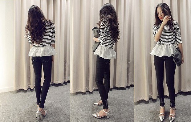 レディース　トップス　カットソー　ボーダー　定番　カジュアル　フェミニン　フレア　春　夏　長袖　送料無料