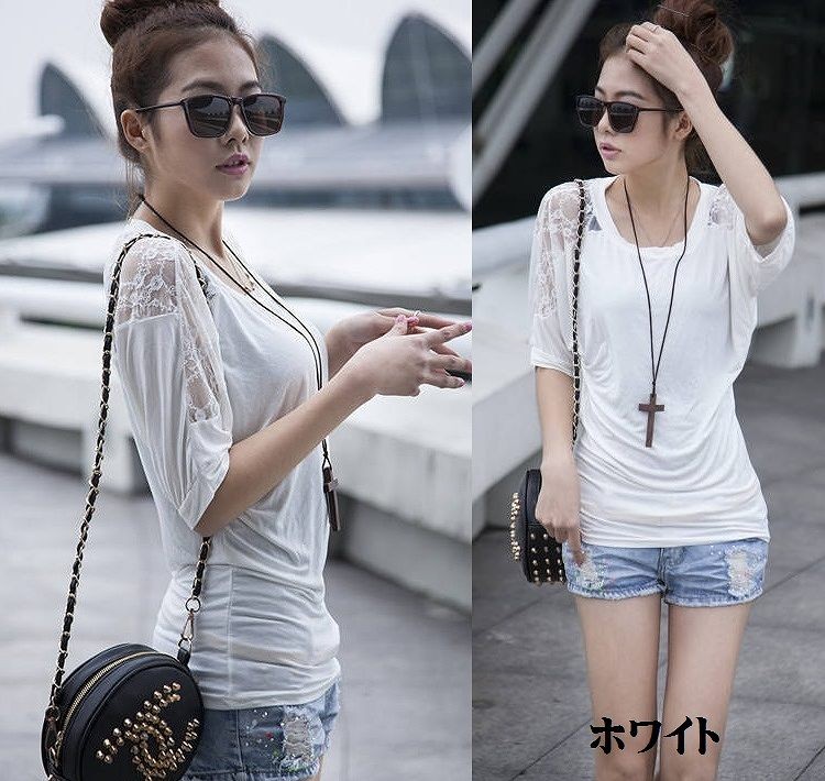 レディース　トップス　Ｔシャツ　カットソー　シンプル　レース　ゆったり　丸首　ブラック　ホワイト　サイズ豊富　大きいサイズ　送料無料