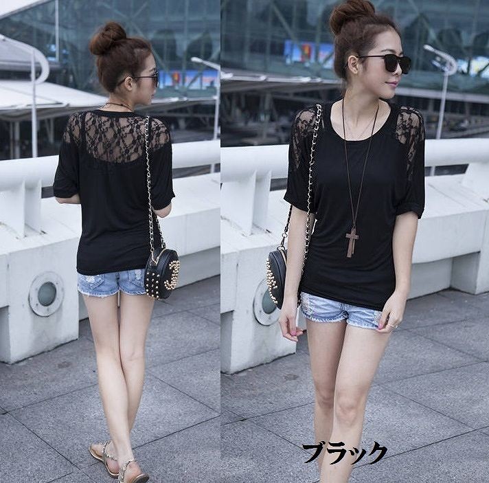レディース　トップス　Ｔシャツ　カットソー　シンプル　レース　ゆったり　丸首　ブラック　ホワイト　サイズ豊富　大きいサイズ　送料無料