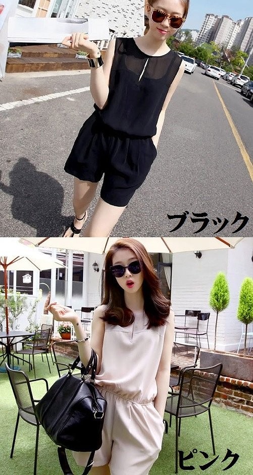 レディース　オールインワン　サロペット　パンツ　ノースリーブ　ショートパンツ　丸首　カジュアル　ブラック　ピンク　送料無料