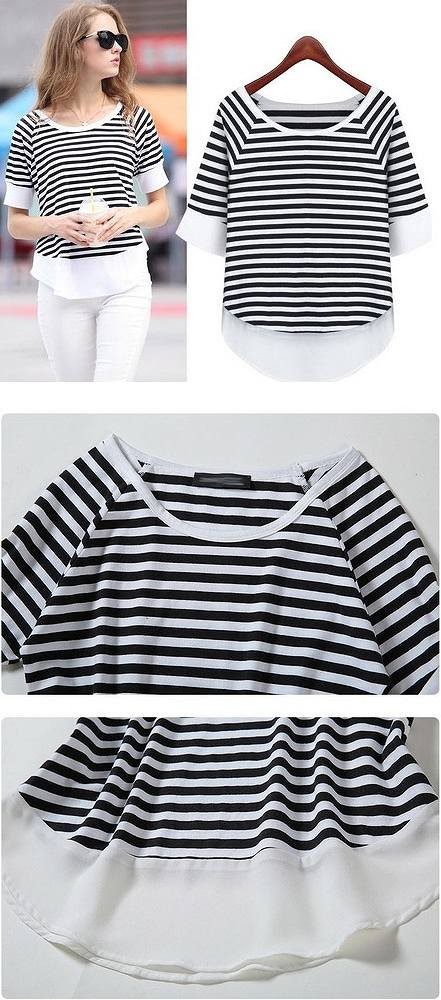 レディース　トップス　Tシャツ　カットソー　定番　ボーダー　カジュアル　丸首　切り替えし　フリル　送料無料