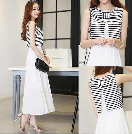 レディース　ワンピース　ノースリーブ　大きいサイズ　シフォンドレス　リボン　ボーダー　ラウンドネック　ロングスカート　大人　お嬢様風　清楚　お呼ばれコーデ　春夏　リゾート　デート　ホワイト　ブラック　モノトーン　送料無料