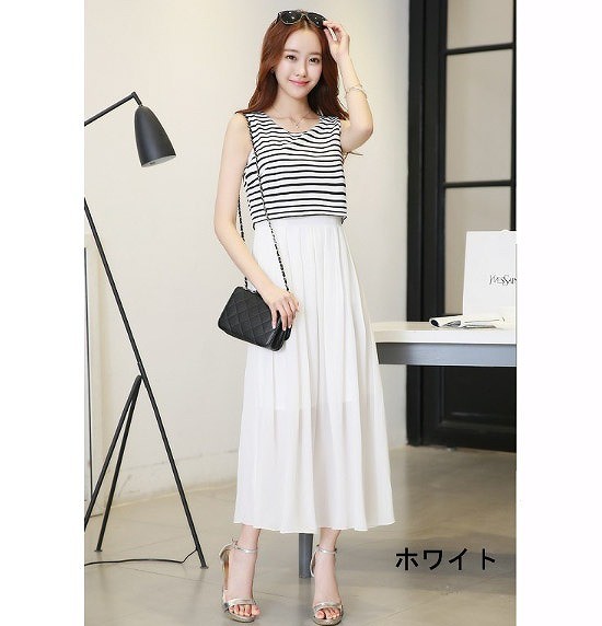 レディース　ワンピース　ノースリーブ　大きいサイズ　シフォンドレス　リボン　ボーダー　ラウンドネック　ロングスカート　大人　お嬢様風　清楚　お呼ばれコーデ　春夏　リゾート　デート　ホワイト　ブラック　モノトーン　送料無料