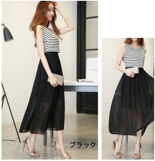 レディース　ワンピース　ノースリーブ　大きいサイズ　シフォンドレス　リボン　ボーダー　ラウンドネック　ロングスカート　大人　お嬢様風　清楚　お呼ばれコーデ　春夏　リゾート　デート　ホワイト　ブラック　モノトーン　送料無料