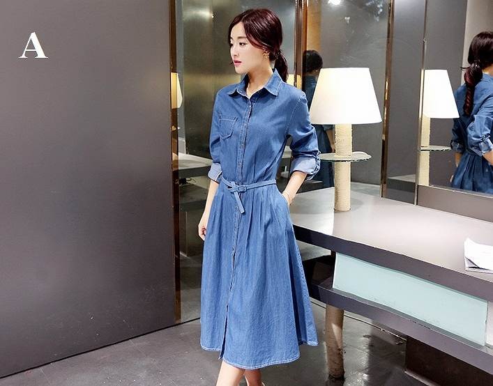 レディース　デニム　ワンピース　Aライン　長袖　ロング　春夏　シンプル　カジュアル　大きいサイズ　清楚　大人可愛い　キュート　フェミニン　デート　お出かけ　デイリー　ブルー　送料無料