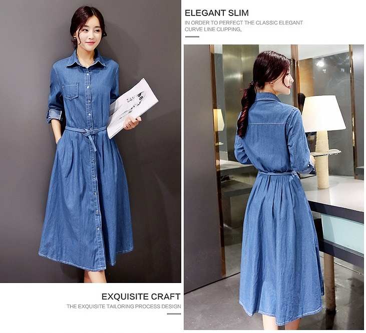 レディース　デニム　ワンピース　Aライン　長袖　ロング　春夏　シンプル　カジュアル　大きいサイズ　清楚　大人可愛い　キュート　フェミニン　デート　お出かけ　デイリー　ブルー　送料無料