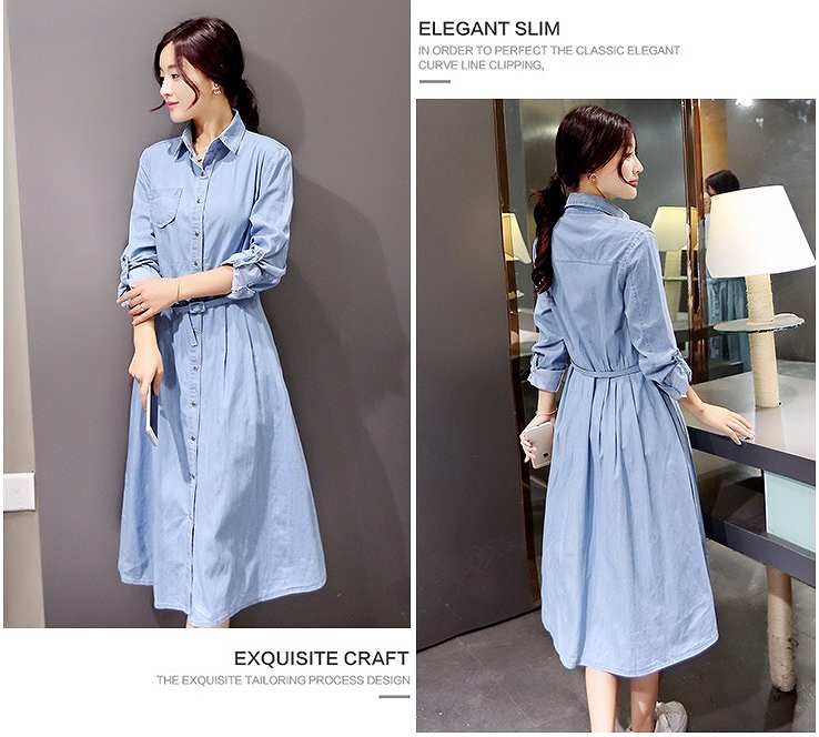 レディース　デニム　ワンピース　Aライン　長袖　ロング　春夏　シンプル　カジュアル　大きいサイズ　清楚　大人可愛い　キュート　フェミニン　デート　お出かけ　デイリー　ブルー　送料無料