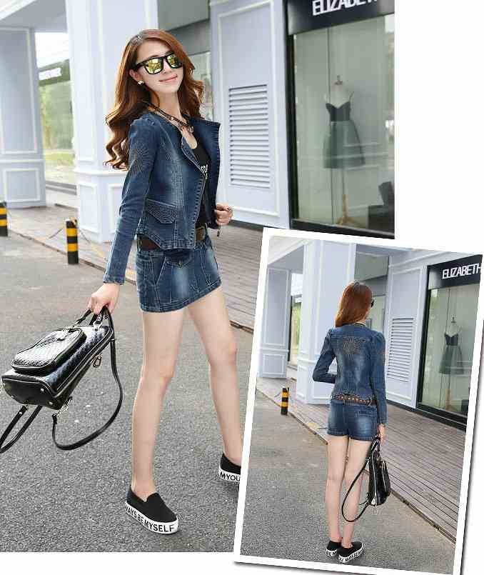 レディース　ツーピース　デニムジャケット　長袖　ミニスカート　タイト　スリム　シンプル　カジュアル　大きいサイズ　大人可愛い　キュート　パンク　ロック　デート　お出かけ　デイリー　上下セット　ブルー　送料無料